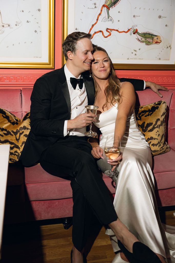 Bride and groom sharing a drink at Bradford House reception in OKC